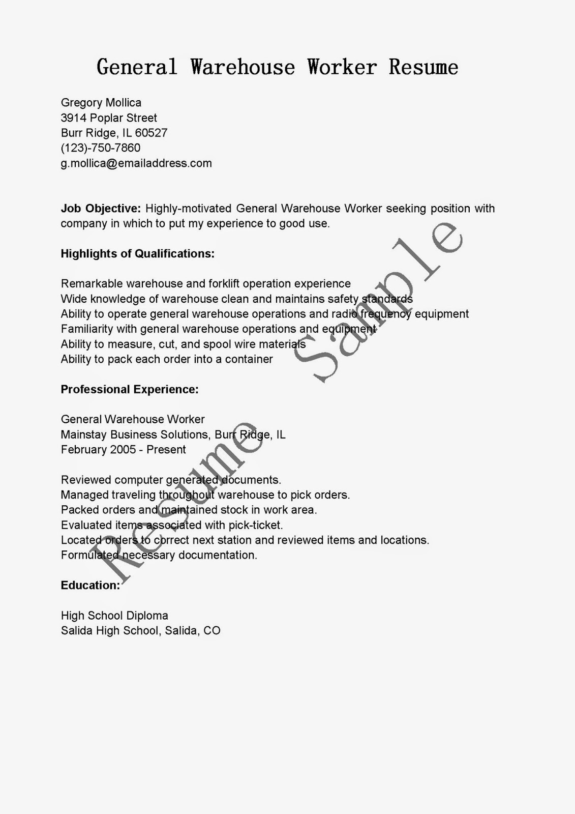 Resume objectives examples for warehouse